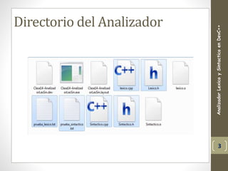 Directorio del Analizador
AnalizadorLexicoySintacticoenDevC++
3
 