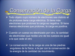 Conservación de la Carga
 Todo objeto cuyo número de electrones sea distinto al
de protones tiene carga eléctrica. Si tiene más
electrones que protones la carga es negativa. Si tiene
menos electrones que protones, la carga es positiva.
 Cuando un cuerpo es electrizado por otro, la cantidad
de electricidad que recibe uno de los cuerpos es igual
a la que cede el otro
 La conservación de la carga es una de las piedras
angulares de la física, a la par con la conservación de
la energía de la cantidad de movimiento.
 