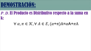 𝑷. 𝑫. El Producto es Distributivo respecto a la suma en
k:
∀ 𝛼, 𝜋 ∈ 𝒦, ∀ 𝐴 ∈ 𝐸, (𝛼+π)A=𝛼A+𝜋A
 
