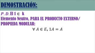 𝑷. 𝑫. El 1 ∈ k
Elemento Neutro, PARA EL PRODUCTO EXTERNO/
PROPIEDA MODULAR:
∀ 𝐴 ∈ 𝐸, 1𝐴 = 𝐴
 