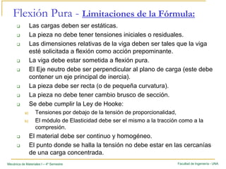 Facultad de Ingeniería - UNAMecánica de Materiales I – 4º Semestre
Flexión Pura - Limitaciones de la Fórmula:
Las cargas deben ser estáticas.
La pieza no debe tener tensiones iniciales o residuales.
Las dimensiones relativas de la viga deben ser tales que la viga
esté solicitada a flexión como acción prepominante.
La viga debe estar sometida a flexión pura.
El Eje neutro debe ser perpendicular al plano de carga (este debe
contener un eje principal de inercia).
La pieza debe ser recta (o de pequeña curvatura).
La pieza no debe tener cambio brusco de sección.
Se debe cumplir la Ley de Hooke:
a) Tensiones por debajo de la tensión de proporcionalidad,
b) El módulo de Elasticidad debe ser el mismo a la tracción como a la
compresión.
El material debe ser continuo y homogéneo.
El punto donde se halla la tensión no debe estar en las cercanías
de una carga concentrada.
 