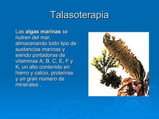 Talasoterapia Las  algas marinas  se nutren del mar, almacenando todo tipo de sustancias marinas y siendo portadoras de vitaminas A, B, C, E, F y K, un alto contenido en hierro y calcio, proteínas y un gran número de minerales . 