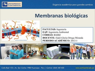 Membranas biológicas
FACULTAD: Ingeniería
EAP: Ingeniería Ambiental
CÓDIGO: BI1002
DOCENTE: Edali Gloria Ortega Miranda
PERIODO ACADÉMICO: 2013-1
 