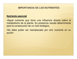 IMPORTANCIA DE LOS NUTRIENTES


Nutriente esencial
•Aquel nutriente que tiene una influencia directa sobre el
metabolismo de la planta. Su presencia resulta determinante
para la consecución de un ciclo biológico.
•No debe poder ser reemplazado por otro nutriente en su
acción
 