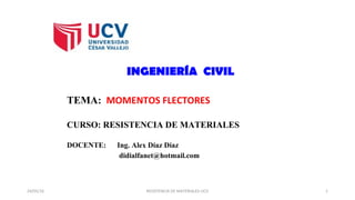 CURSO: RESISTENCIA DE MATERIALES
DOCENTE: Ing. Alex Díaz Díaz
didialfanet@hotmail.com
TEMA: MOMENTOS FLECTORES
INGENIERÍA CIVIL
24/05/16 RESISTENCIA DE MATERIALES-UCV 1
 