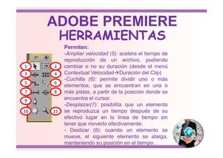 Permiten:
-Ampliar velocidad (5): acelera el tiempo de
reproducción de un archivo, pudiendo
cambiar o no su duración (desde el menú
Contextual Velocidad Duración del Clip)
-Cuchilla (6): permite dividir uno o más
1 2
3 4
HERRAMIENTAS
ADOBE PREMIERE
-Cuchilla (6): permite dividir uno o más
elementos, que se encuentran en una o
más pistas, a partir de la posición donde se
encuentra el cursor.
-Desplazar(7): posibilita que un elemento
se reproduzca un tiempo después de su
efectivo lugar en la línea de tiempo sin
tener que moverlo efectivamente.
- Deslizar (8): cuando un elemento se
mueve, el siguiente elemento se alarga,
manteniendo su posición en el tiempo…
5 6
7 8
9
10 11
 