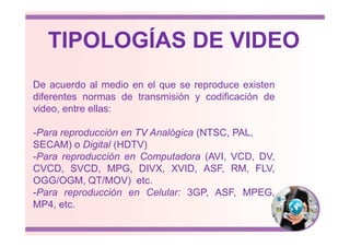 De acuerdo al medio en el que se reproduce existen
diferentes normas de transmisión y codificación de
video, entre ellas:
TIPOLOGÍAS DE VIDEO
-Para reproducción en TV Analógica (NTSC, PAL,
SECAM) o Digital (HDTV)
-Para reproducción en Computadora (AVI, VCD, DV,
CVCD, SVCD, MPG, DIVX, XVID, ASF, RM, FLV,
OGG/OGM, QT/MOV) etc.
-Para reproducción en Celular: 3GP, ASF, MPEG,
MP4, etc.
 