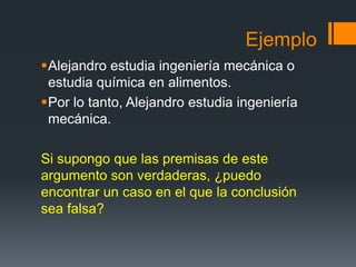 EjemploAlejandro estudia ingeniería mecánica o estudia química en alimentos.Por lo tanto, Alejandro estudia ingeniería mecánica.Si supongo que las premisas de este argumento son verdaderas, ¿puedo encontrar un caso en el que la conclusión sea falsa?
