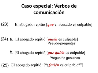 (23) El abogado repitió [que el acusado es culpable]
a. El abogado repitió [quién es culpable](24)
b. El abogado repitió [que quién es culpable]
Caso especial: Verbos de
comunicación
Pseudo-preguntas
Preguntas genuinas
(25) El abogado repitió: [“¿Quién es culpable?”]
 
