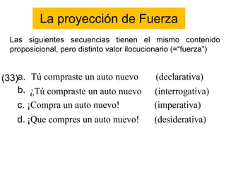 Las siguientes secuencias tienen el mismo contenido
proposicional, pero distinto valor ilocucionario (=“fuerza”)
La proyección de Fuerza
a. Tú compraste un auto nuevo (declarativa)
b. ¿Tú compraste un auto nuevo (interrogativa)
¡Compra un auto nuevo! (imperativa)c.
(33)
¡Que compres un auto nuevo! (desiderativa)d.
 