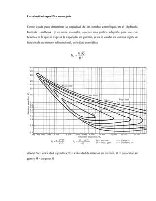 La velocidad específica como guía
Como ayuda para determinar la capacidad de las bombas centrífugas, en el Hydraulic
Institute Handbook y en otros manuales, aparece una gráfica adaptada para uso con
bombas en la que se expresa la capacidad en gal/min, o sea el caudal en sistema inglés en
función de un número adimensional, velocidad específica
4
3
H
Q
N
NS 
dónde NS = velocidad específica, N = velocidad de rotación en rev/min, Q. = capacidad en
gpm y H = carga en ft
 