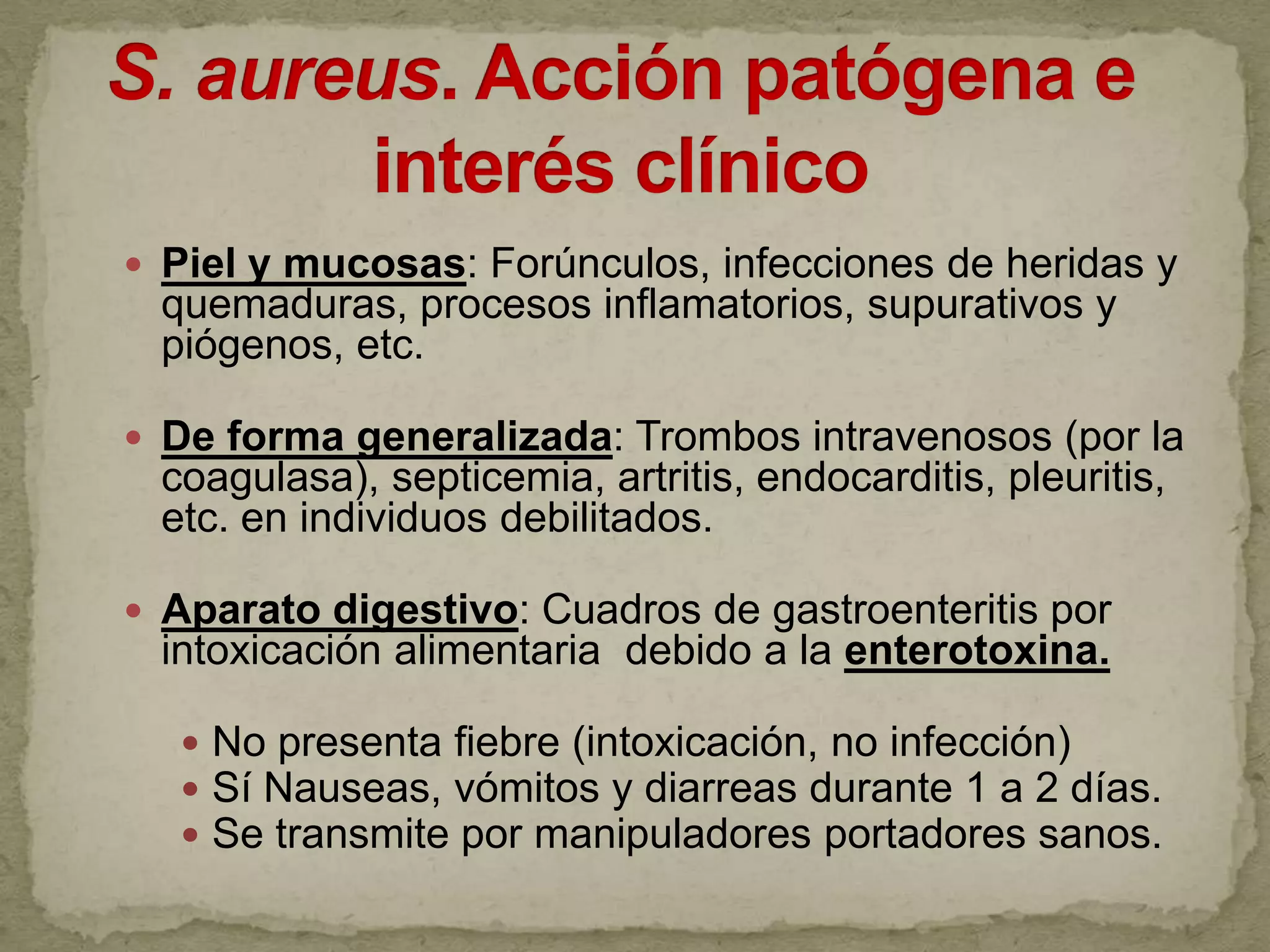  Piel y mucosas: Forúnculos, infecciones de heridas y
 quemaduras, procesos inflamatorios, supurativos y
 piógenos, etc.

 De forma generalizada: Trombos intravenosos (por la
 coagulasa), septicemia, artritis, endocarditis, pleuritis,
 etc. en individuos debilitados.

 Aparato digestivo: Cuadros de gastroenteritis por
 intoxicación alimentaria debido a la enterotoxina.

   No presenta fiebre (intoxicación, no infección)
   Sí Nauseas, vómitos y diarreas durante 1 a 2 días.
   Se transmite por manipuladores portadores sanos.
 