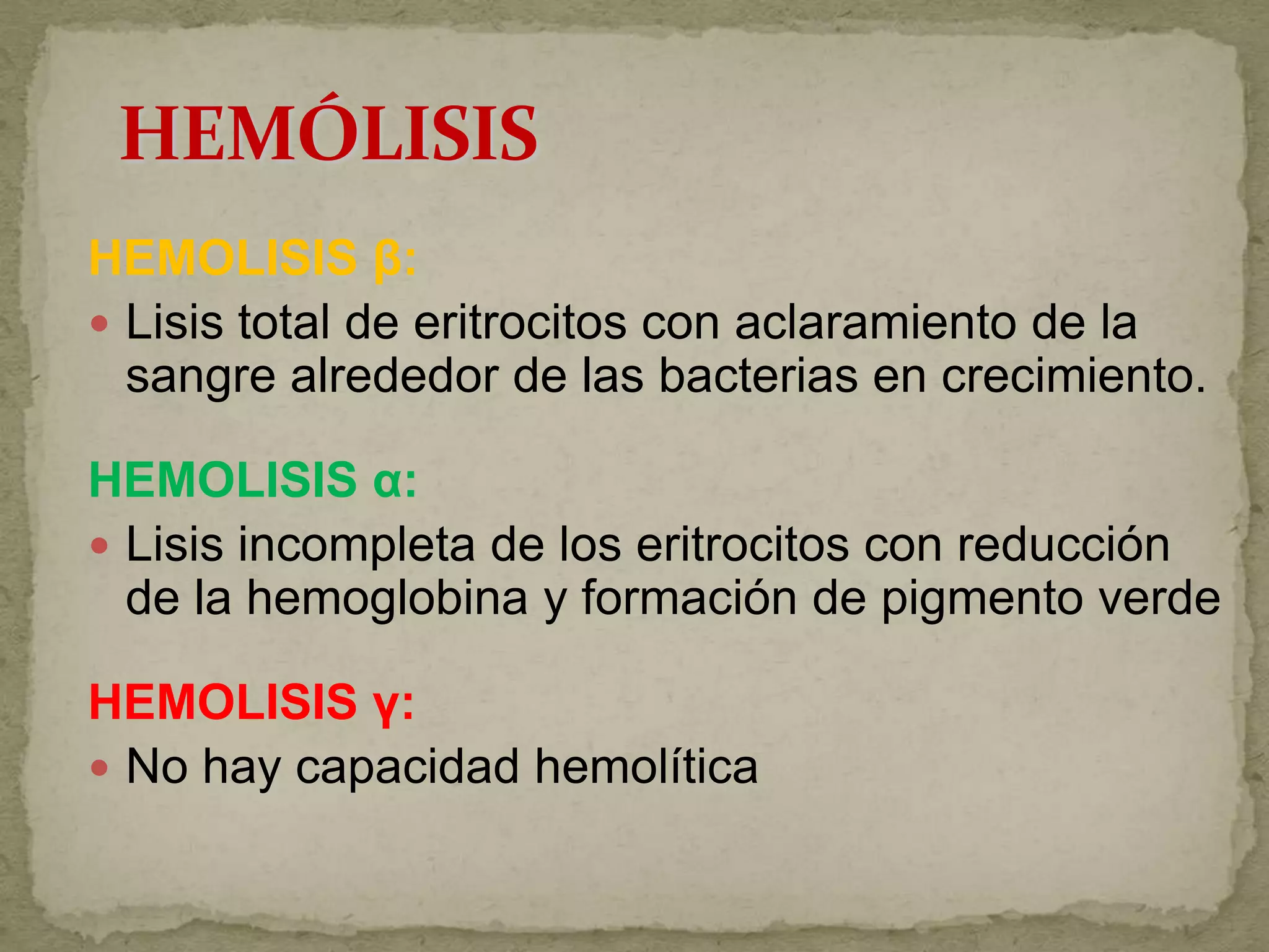 HEMOLISIS β:
 Lisis total de eritrocitos con aclaramiento de la
  sangre alrededor de las bacterias en crecimiento.

HEMOLISIS α:
 Lisis incompleta de los eritrocitos con reducción
  de la hemoglobina y formación de pigmento verde

HEMOLISIS γ:
 No hay capacidad hemolítica
 