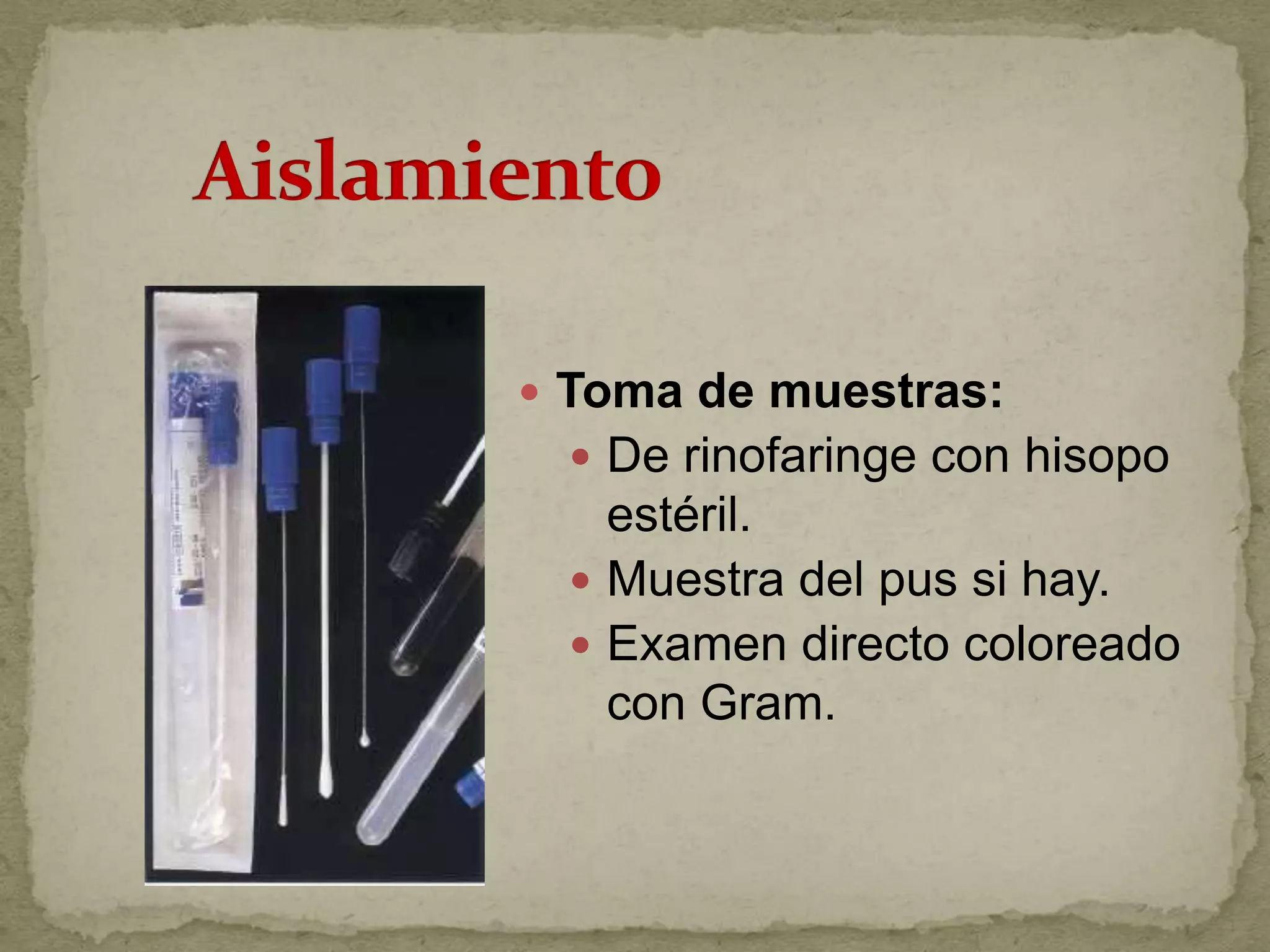  Toma de muestras:
  De rinofaringe con hisopo
   estéril.
  Muestra del pus si hay.
  Examen directo coloreado
   con Gram.
 