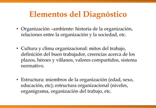 Elementos del Diagnóstico
• Organización –ambiente: historia de la organización,
relaciones entre la organización y la sociedad, etc.
• Cultura y clima organizacional: mitos del trabajo,
definición del buen trabajador, creencias acerca de los
plazos, héroes y villanos, valores compartidos, sistema
normativo.
• Estructura: miembros de la organización (edad, sexo,
educación, etc); estructura organizacional (niveles,
organigrama, organización del trabajo, etc.

 