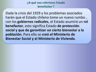 Dada la crisis del 1929 y los problemas asociados
harán que el Estado chileno tome un nuevo rumbo ,
con los gobiernos radicales, el Estado asumirá un rol
benefactor, esto significa Estado de protección
social y que de garantizar un cierto bienestar a la
población. Para ello se creó el Ministerio de
Bienestar Social y el Ministerio de Vivienda.
 