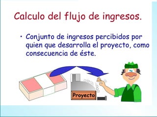 Calculo del flujo de ingresos. Conjunto de ingresos percibidos por quien que desarrolla el proyecto, como consecuencia de éste. Proyecto 