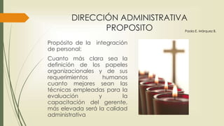 DIRECCIÓN ADMINISTRATIVA
PRINCIPIOS
Principio de la
Competencia Abierta:
• Competencia abierta
entre todos los
candidatos para los
puestos
• Competencias
adecuadas para el
desempeño del puesto
Paola E. Márquez B.
 