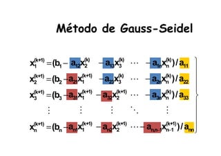 Método de Gauss-SeidelMétodo de Gauss-Seidel
x (b
x (b
a x a x a x )/a
a x a x a x )/a
1
(k+1)
1
(k+1)
12 2
(k)
13 3
(k)
1n n
(k)
11
(k+1) (k) (k)
= −
= −
− −
− −


⋯
⋯ x (b
x (b
x (b
a x a x a x )/a
a x a x a x )/a
a x a x a x )/a
2
(k+1)
2
3
(k+1)
3
n
(k+1)
n
21 1
(k+1)
23 3
(k)
2n n
(k)
22
31 1
(k+1)
32 2
(k+1)
3n n
(k)
33
n1 1
(k+1)
n2 2
(k+1)
n,n 1 n 1
(k+1)
nn
= −
= −
= −
− −
− −
− −

− −
⋮
⋯
⋯
⋮ ⋮ ⋱ ⋮
⋯






 