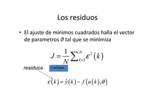 Los residuos
• El ajuste de minimos cuadrados halla el vector
de parametros θ tal que se minimiza
( )21 N
J kε= ∑
( ) ( ) ( )( )ˆ ,k y k f u kε θ= −
( )2
1
1 N
k
J k
N
ε=
= ∑
residuos = errores
 