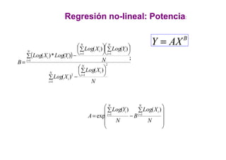 RegresiónRegresión nono--lineal:lineal: PotenciaPotencia:
B
AXY =
( )
N
XLog
XLog
N
YLogXLog
YLogXLog
B
N
i
iN
i
i
N
i
N
i
i
N
i
i
ii
2
1
1
2
1
11
)(
)(
)()(
)(*)(




∑
−∑
∑




∑



∑
−
=
=
=
=
==
;;
Ni
i
1
∑
=









 ∑
−
∑
= ==
N
XLog
B
N
YLog
A
N
i
i
N
i
i
11
)()(
exp
 
