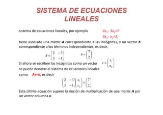 SISTEMA DE ECUACIONESSISTEMA DE ECUACIONES
LINEALESLINEALES
sistema de ecuaciones lineales, por ejemplo 2x1 - 3x2=7
3x1 - x2=2,
tiene asociado una matriz A correspondiente a las incógnitas, y un vector b
correspondiente a los términos independientes, es decir,






=
2
7
b






−
−
=
13
32
A
Si ahora se escriben las incógnitas como un vector
se puede denotar el sistema de ecuaciones lineales
como Ax=b, es decir
Esta última ecuación sugiere la noción de multiplicación de una matriz A por
un vector columna x.



2


 −
=
13
A






=
2
1
x
x
x






=











−
−
2
7
13
32
2
1
x
x
 