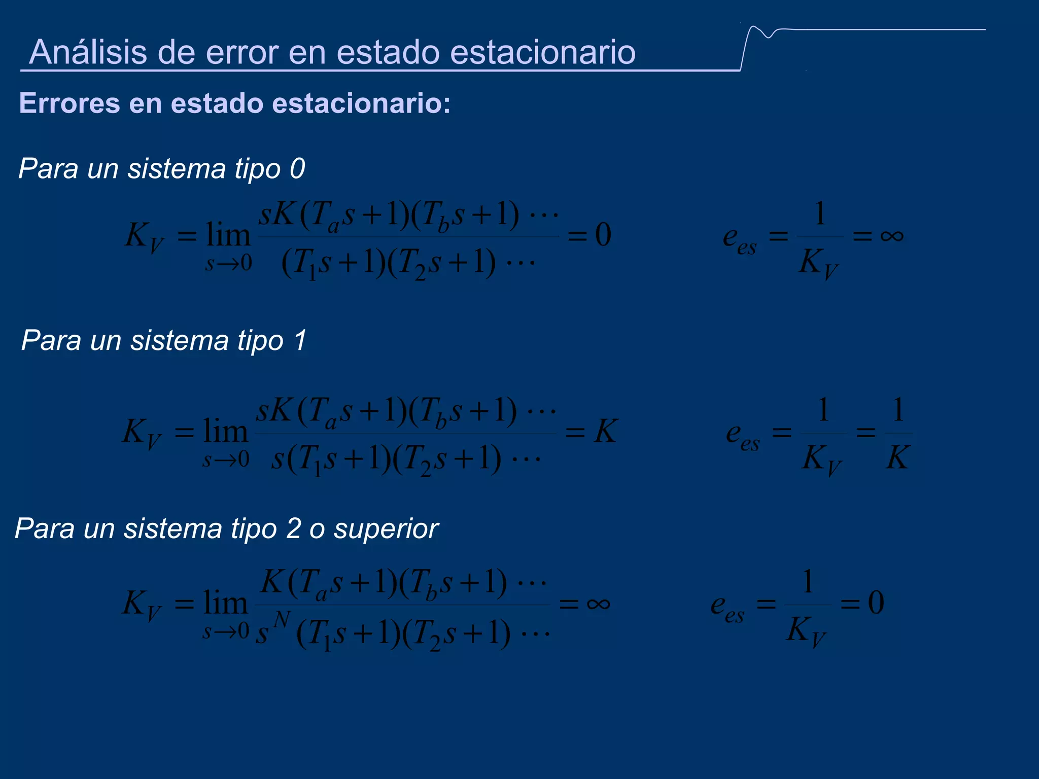 Análisis de error en estado estacionario
Errores en estado estacionario:
Para un sistema tipo 0

sK (Ta s + 1)(Tb s + 1) 
KV = lim
=0
s →0 (T1s + 1)(T2 s + 1) 

1
ees =
=∞
KV

Para un sistema tipo 1

sK (Ta s + 1)(Tb s + 1) 
KV = lim
=K
s →0 s (T1s + 1)(T2 s + 1) 

1
1
ees =
=
KV K

Para un sistema tipo 2 o superior

K (Ta s + 1)(Tb s + 1) 
KV = lim N
=∞
s →0 s (T s + 1)(T s + 1) 
1
2

1
ees =
=0
KV

 