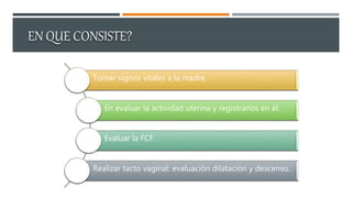 EN QUE CONSISTE?
Tomar signos vitales a la madre.
En evaluar la actividad uterina y registrarlos en él.
Evaluar la FCF.
Realizar tacto vaginal: evaluación dilatación y descenso.
 