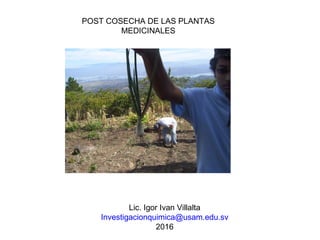 POST COSECHA DE LAS PLANTAS
MEDICINALES
Lic. Igor Ivan Villalta
Investigacionquimica@usam.edu.sv
2016
 