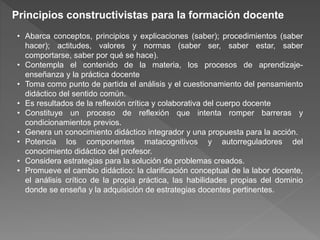 Principios constructivistas para la formación docente
• Abarca conceptos, principios y explicaciones (saber); procedimientos (saber
hacer); actitudes, valores y normas (saber ser, saber estar, saber
comportarse, saber por qué se hace).
• Contempla el contenido de la materia, los procesos de aprendizaje-
enseñanza y la práctica docente
• Toma como punto de partida el análisis y el cuestionamiento del pensamiento
didáctico del sentido común.
• Es resultados de la reflexión crítica y colaborativa del cuerpo docente
• Constituye un proceso de reflexión que intenta romper barreras y
condicionamientos previos.
• Genera un conocimiento didáctico integrador y una propuesta para la acción.
• Potencia los componentes matacognitivos y autorreguladores del
conocimiento didáctico del profesor.
• Considera estrategias para la solución de problemas creados.
• Promueve el cambio didáctico: la clarificación conceptual de la labor docente,
el análisis crítico de la propia práctica, las habilidades propias del dominio
donde se enseña y la adquisición de estrategias docentes pertinentes.
 