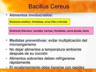 Bacillus Cereus
• Alimentos involucrados:
• Medidas preventivas: evitar multiplicación del
microorganismo
- No dejar alimentos a temperatura ambiente
después de su cocción
- Alimentos sobrantes deben refrigerarse
rápidamente
- El recalentamiento debe hacerse con rapidez
Síndrome emético: Hortalizas, arroz frito o hervido
Síndrome Diarreico: cereales, harinas, Hortalizas, carne picada, leche
 