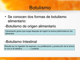 Botulismo
• Se conocen dos formas de botulismo
alimentario:
-Botulismo de origen alimentario
-Botulismo Intestinal
Intoxicación grave que surge después de ingerir la toxina preformada en los
alimentos
Resulta por la ingestión de esporas y su proliferación y producción de la toxina
In vivo e el intestino Lactante
 