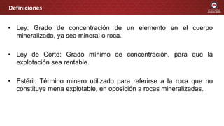 • Ley: Grado de concentración de un elemento en el cuerpo
mineralizado, ya sea mineral o roca.
• Ley de Corte: Grado mínimo de concentración, para que la
explotación sea rentable.
• Estéril: Término minero utilizado para referirse a la roca que no
constituye mena explotable, en oposición a rocas mineralizadas.
Definiciones
 