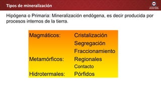 Hipógena o Primaria: Mineralización endógena, es decir producida por
procesos internos de la tierra.
Tipos de mineralización
 