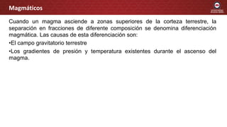 Cuando un magma asciende a zonas superiores de la corteza terrestre, la
separación en fracciones de diferente composición se denomina diferenciación
magmática. Las causas de esta diferenciación son:
•El campo gravitatorio terrestre
•Los gradientes de presión y temperatura existentes durante el ascenso del
magma.
Magmáticos
 