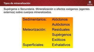 Supérgena o Secundaria. Mineralización o efectos exógenos (agentes
externos) sobre cuerpos mineralizados.
Tipos de mineralización
 