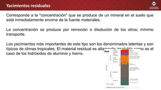 Corresponde a la "concentración" que se produce de un mineral en el suelo que
está inmediatamente encima de la fuente materiales.
La concentración se produce por remoción o disolución de los otros; mínimo
transporte.
Los yacimientos más importantes de este tipo son los denominados lateritas y son
típicos de climas tropicales. El material residual es altamente insoluble como es el
caso de los hidróxidos de aluminio y hierro.
Yacimientos residuales
 