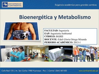 Bioenergética y Metabolismo
FACULTAD: Ingeniería
EAP: Ingeniería Ambiental
CÓDIGO: BI1002
DOCENTE: Edali Gloria Ortega Miranda
PERIODO ACADÉMICO: 2013-1
 