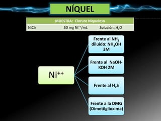 NÍQUEL
Ni++
Frente al NH3
diluido: NH4OH
3M
Frente al NaOH-
KOH 2M
Frente al H2S
Frente a la DMG
(Dimetilglioxima)
MUESTRA: Cloruro Niqueloso
NiCl2 50 mg Ni++/mL Solución: H2O
 