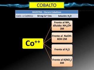 COBALTO
Co++
Frente al NH3
diluido: NH4OH
3M
Frente al NaOH-
KOH 2M
Frente al H2S
Frente al K(NO2)
6M
MUESTRA: Cloruro Cobaltoso
CoCl2 o Co(NO3)2 50 mg Co++/mL Solución: H2O
 