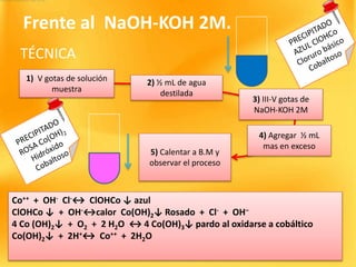 Co++ + OH- Cl-↔ ClOHCo ↓ azul
ClOHCo ↓ + OH-↔calor Co(OH)2↓ Rosado + Cl- + OH–
4 Co (OH)2↓ + O2 + 2 H2O ↔ 4 Co(OH)3↓ pardo al oxidarse a cobáltico
Co(OH)2↓ + 2H+↔ Co++ + 2H2O
TÉCNICA
1) V gotas de solución
muestra
2) ½ mL de agua
destilada
3) III-V gotas de
NaOH-KOH 2M
5) Calentar a B.M y
observar el proceso
Frente al NaOH-KOH 2M.
4) Agregar ½ mL
mas en exceso
 