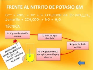 FRENTE AL NITRITO DE POTASIO 6M.
Co++ + 7NO2
- + 3K+ + ½ 2 CH3COOH ↔ [Co (NO2)6] K3
↓amarillo + 2CH3COO- + NO + H2O
1) V gotas de solución
muestra 2) 1 mL de agua
destilada
3) I gota de Ácido
Acético
4) V-X gotas de KNO2
6M agitar, centrifugar y
observar
TÉCNICA
 
