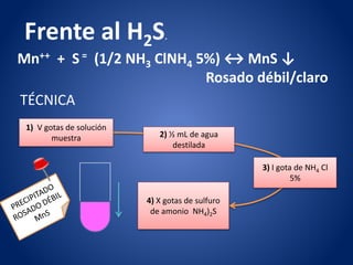 Frente al H2S.
Mn++ + S = (1/2 NH3 ClNH4 5%) ↔ MnS ↓
Rosado débil/claro
1) V gotas de solución
muestra 2) ½ mL de agua
destilada
3) I gota de NH4 Cl
5%
4) X gotas de sulfuro
de amonio NH4)2S
TÉCNICA
 