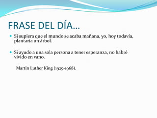 FRASE DEL DÍA…Si supiera que el mundo se acaba mañana, yo, hoy todavía, plantaría un árbol.Si ayudo a una sola persona a tener esperanza, no habré vivido en vano.Martin Luther King (1929-1968).