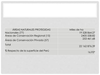 ÁREAS NATURALES PROTEGIDAS Miles de ha
Nacionales (77) 19 528 864.27
Áreas de Conservación Regional (15) 2405 558.82
Áreas de Conservación Privada (57)
253 461.68
Total
22 162 876.39
% Respecto de la superficie del Perú
16.93*
 