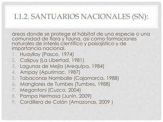 I.1.2. SANTUARIOS NACIONALES (SN):
áreas donde se protege el hábitat de una especie o una
comunidad de flora y fauna, así como formaciones
naturales de interés científico y paisajístico y de
importancia nacional.
1. Huayllay (Pasco, 1974)
2. Calipuy (La Libertad, 1981)
3. Lagunas de Mejía (Arequipa, 1984)
4. Ampay (Apurímac, 1987)
5. Tabaconas Namballe (Cajamarca, 1988)
6. Manglares de Tumbes (Tumbes, 1988)
7. Megantoni (Cuzco, 2004)
8. Pampa Hermosa (Junín, 2009)
9. Cordillera de Colán (Amazonas, 2009 )
 