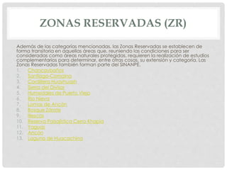 ZONAS RESERVADAS (ZR)
Además de las categorías mencionadas, las Zonas Reservadas se establecen de
forma transitoria en aquellas áreas que, reuniendo las condiciones para ser
consideradas como áreas naturales protegidas, requieren la realización de estudios
complementarios para determinar, entre otras cosas, su extensión y categoría. Las
Zonas Reservadas también forman parte del SINANPE.
1. Chancaybaños
2. Santiago-Comaina
3. Cordillera Huayhuash
4. Sierra del Divisor
5. Humedales de Puerto Viejo
6. Río Nieva
7. Lomas de Ancón
8. Bosque Zárate
9. Illescas
10. Reserva Paisajística Cerro Khapia
11. Yaguas
12. Ancón
13. Laguna de Huacachina
 