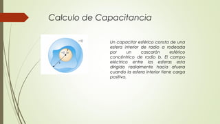 Calculo de Capacitancia

             Un capacitor esférico consta de una
             esfera interior de radio a rodeada
             por      un     cascarón      esférico
             concéntrico de radio b. El campo
             eléctrico entre las esferas esta
             dirigido radialmente hacia afuera
             cuando la esfera interior tiene carga
             positiva.
 