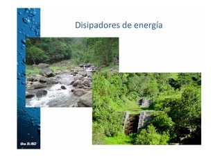 Canal de Pantallas Deflectoras (CPD).
• Capacidad prácticamente constante para el rango de
pendientes entre 10% y 50%.
• Adaptabilidad a las sinuosidades de los perfiles, sin
necesidad de variar la sección.
• Economía notable en la excavación, como consecuencia
de la característica anterior.
• Baja velocidad en relación con la del canal sin pantallas,
y dentro de los límites tolerables para el concreto.
• Disipación de energía dentro del canal, sin requerir
estructuras disipadoras especiales a la entrada o a la
salida.
• Auto limpieza, ya que no hay zonas de estancamiento
en donde pueda presentarse sedimentación.
• Facilidad y sencillez en la formaletería.
 