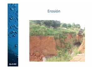 Control de la erosión hídrica
• Mediante el diseño y construcción de obras de
ingeniería y bioingeniería con criterios de
sostenibilidad ambiental que recojan,
conduzcan y depositen de manera controlada el
agua que escurre por las laderas de las
montañas, y que protejan a su vez otras obras
de infraestructura ya construidas, ordenen
cauces fluviales y mantengan las condiciones de
vida silvestre en pequeñas áreas.
 